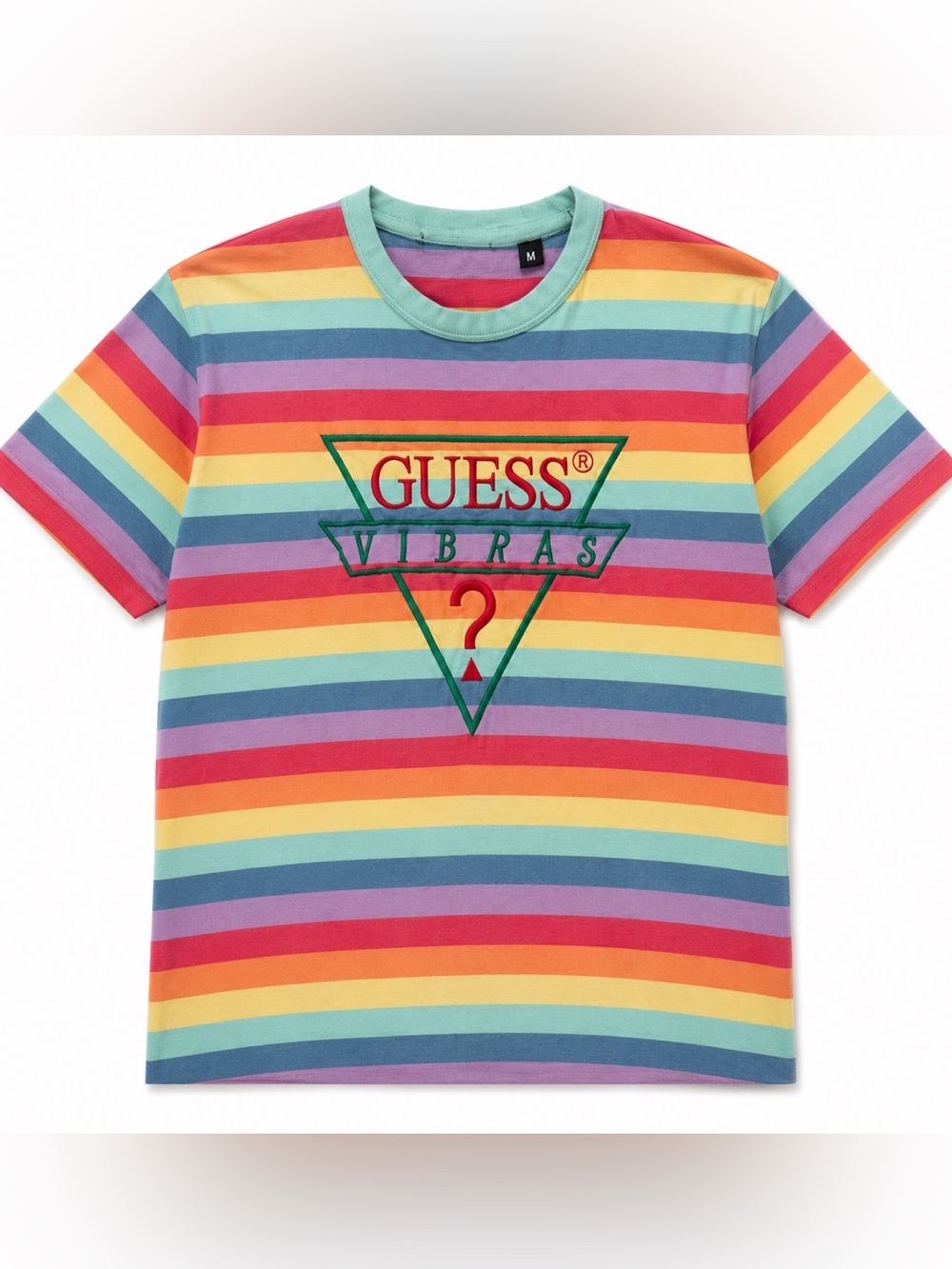 GUESS x J Balvin Vibras Rainbow Stripe Embroidered Logo Tee Shirt Men’s Medium